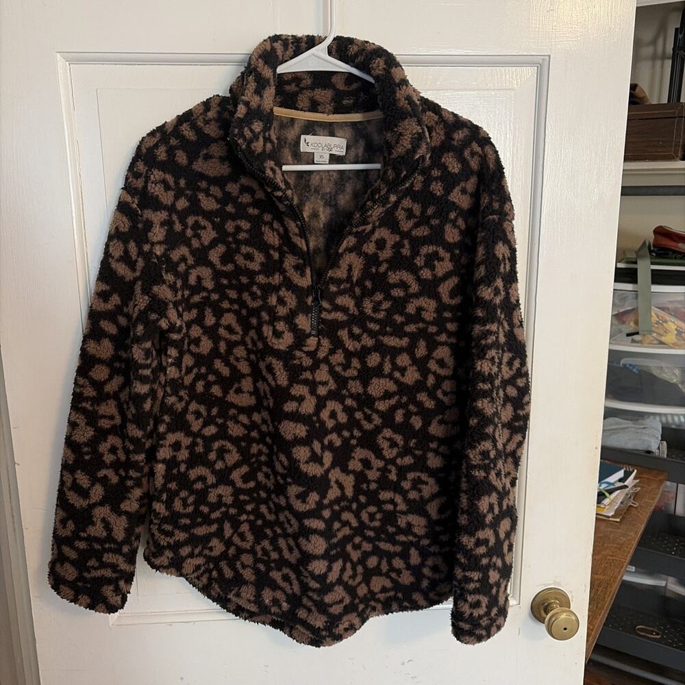 Koolaburra By Ugg Women's Leopard Fleece 1/4 Zip XS Teddy Bear Cozy Warm Winter